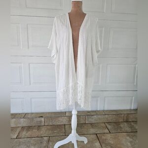 Boho White Fringe Kimono Embroidered Sheer Open Front Festival Duster Cover Up